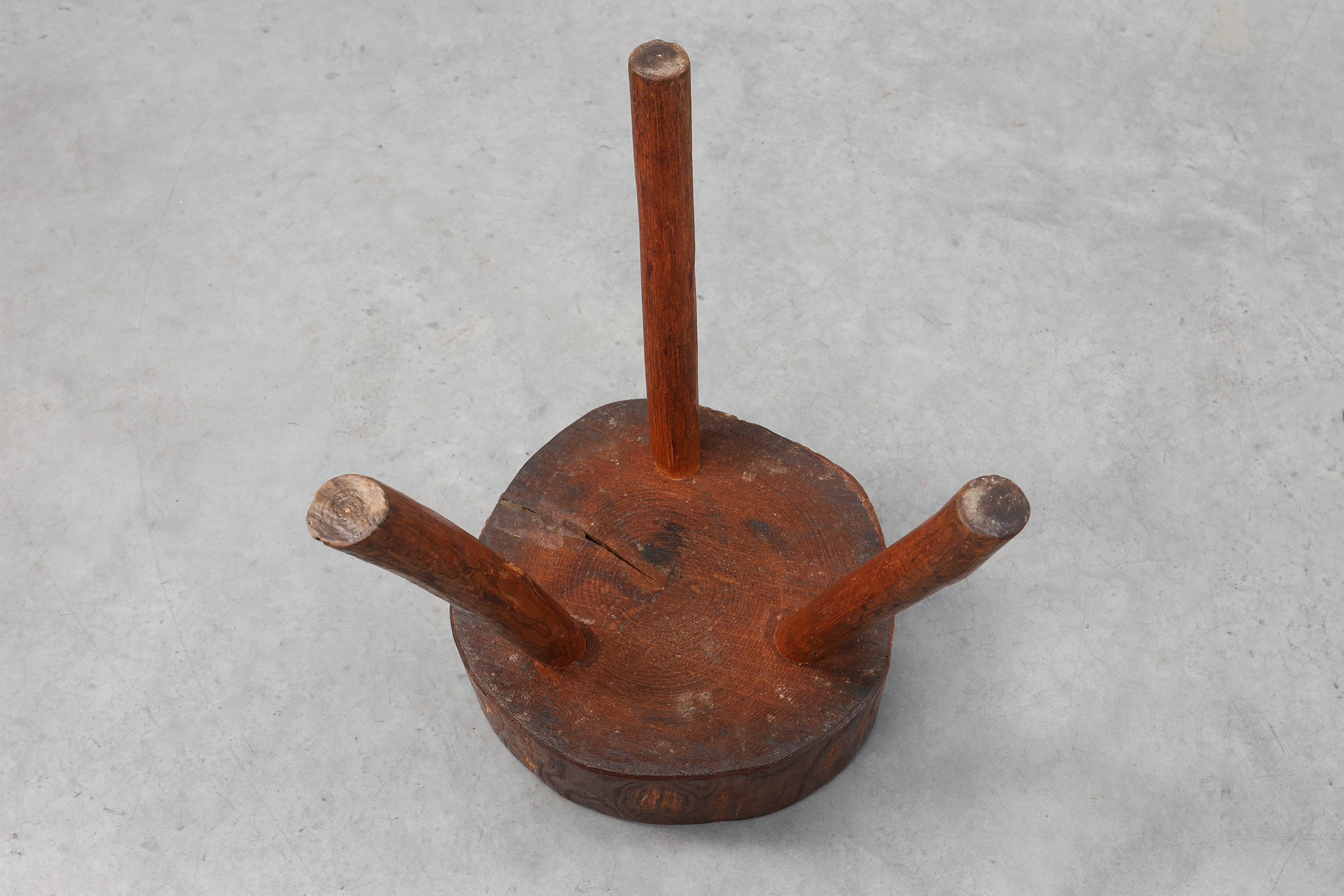 Rustic Oak Tripod Stool with Chunky Round Wooden Seat, France, circa 1920thumbnail